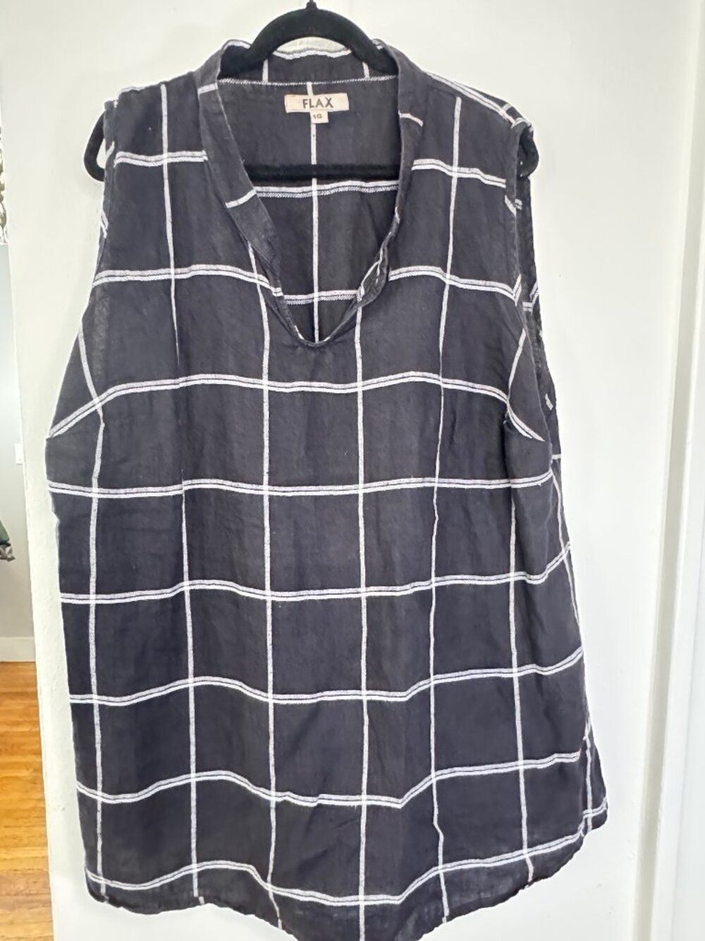FLAX 100% Linen Windowpane Tunic Dress Charcoal Black 1G Made Lithuania